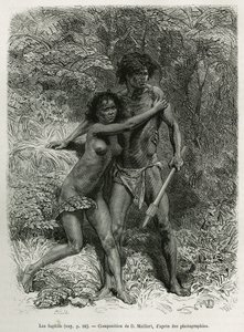 Les fugitives aborigenes, gravyr efter en teckning av D.Maillart, för att illustrera berättelsen sex månader i Australien, av Desire Charnay, ett uppdrag från ministeriet för allmän utbildning, 1878, publicerad i tour du monde, under ledning av av French School