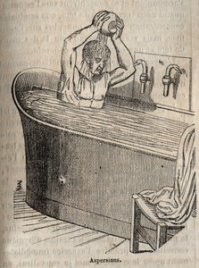 Badgester - Hygien på 1800-talet - man i ett badkar - gravyr i "La Sante Universelle - Guide Medical des Familles" 1852 av French School