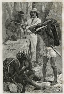 Les porters (caucheros), i Darien (regionen i östra Panama), gravering efter en teckning av D. Maillart, för att illustrera berättelsen Exploration at the isthms of Panama and Darien, av A. Reclus, skeppslöjtnant, från 1876 till 1878 , publicerad i tour du av French School