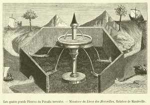 The Four Great Rivers of the Terrestrial Paradise, Mimature of Book of Wonders, Mandevilles relation (gravyr) av French School