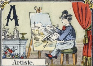 Bokstav A: konstnär. Rekreativt alfabet. Epinal avbildning. Stencilerade trästick, ca 1880. Litet häfte på 16 sidor (205 x 150 mm). Privat samling av French School