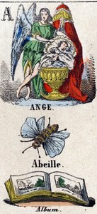 Bokstaven A som Angel, Bee och Album. En skyddande ängel nära ett barn som sover i en vagga. Litet encyklopediskt alfabet. Avbildning av Epinal, ca 1860. Trästick, stencilerad med förgyllning. Mått: 37,8x50,3cm. Privat samling av French School