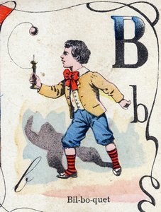 Bokstaven B Bilboquet. Gravyr i "ABC des joux pour petits boys". Avbildning av Pont-a-Mousson, Louis Vagne, tryckare-förlag, sent 1800-tal. Mått: 32,5x25 cm av French School