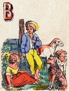Bokstaven B Herdar. Gravyr i "Alphabet des jeux"". Herr Vagne, redaktör, Pont-a-Mousson, sent 1800-tal. Rosa serie. 12 sidor. Album som innehåller en förenklad läsmetod och en illustrerad abecedary. Mått: 16,5x11 cm av French School