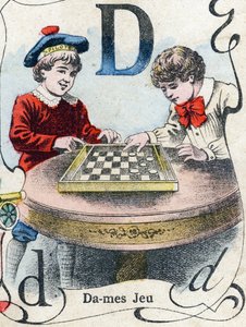 Bokstaven D: Damspel. Gravyr i "ABC des joux pour petits boys". Avbildning av Pont-a-Mousson, Louis Vagne, tryckare-förlag, sent 1800-tal. Mått: 32,5x25 cm av French School
