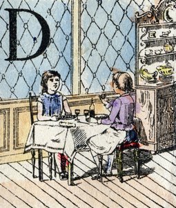 Bokstaven D, flicka som spelar dinett. ABC för de små flickorna. Epinal avbildning av French School