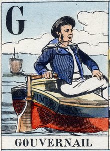 Bokstaven G som roder. Marinblå alfabet. Epinal bild, sent 1800-tal. Stencilfärgad trägravyr av French School