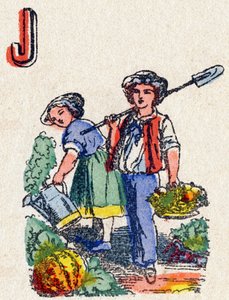 Bokstaven J Trädgårdsmästare. Gravyr i "Alphabet des jeux"". Herr Vagne, redaktör, Pont-a-Mousson, sent 1800-tal. Rosa serie. 12 sidor. Album som innehåller en förenklad läsmetod och en illustrerad abecedary. Mått: 16,5x11 cm av French School