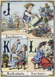 Bokstaven J, K och L: trädgårdsmästare, kakatoes och läsning. Rekreativt alfabet. Epinal avbildning. Stencilerade trästick, ca 1880. Litet 16-sidigt häfte av French School