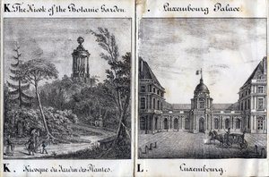 Bokstav K Kiosk av Jardin des Plantes och L Palais du Luxembourg - "Alphabet Picturesque des Monumens de Paris" c.1840 (gravyr) av French School