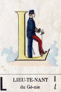 Bokstaven L som löjtnant. Militärt alfabet. Avbildning av Epinal, cirka 1870-1880. Stencilfärgade träsnitt av French School