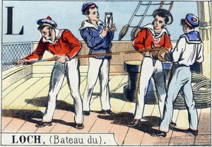 Bokstaven L som loch . Marinblå alfabet. Epinal bild, sent 1800-tal. Stencilfärgad trägravyr av French School