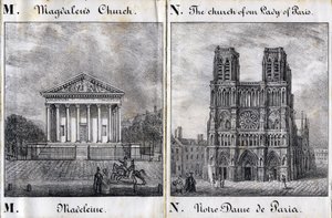 Bokstaven M Madeleine och N Notre-Dame de Paris (Notre Dame de Paris) - "Alphabet Picturesque des Monumens de Paris" c.1840 (gravyr) av French School