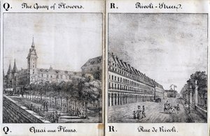 Bokstäverna Q och A: Blomsterdockan och Rivoli-gatan - "Alphabet Picturesque des Monumens de Paris" ca 1840 (gravyr) av French School