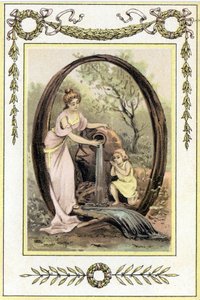 Bokstaven Q representerar en mor och hennes son som dricker vatten från våren, sent 1800-tal (kromolitografi) av French School