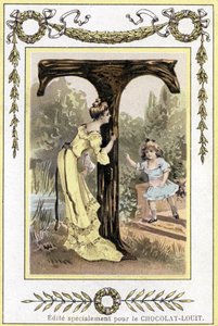 Bokstaven T representerar en mor och hennes dotter som leker kurragömma, sent 1800-tal (kromolitografi) av French School