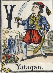 Bokstaven Y: Yatagan. Rekreativt alfabet. Epinal avbildning. Stencilerade trästick, ca 1880. Litet häfte på 16 sidor av French School