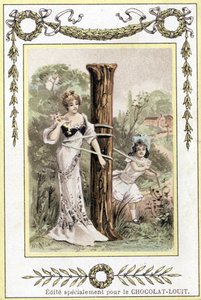 Brev som föreställer en mor och dotter som spelar, sent 1800-tal (kromolitografi) av French School