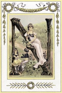 Brev föreställande en mamma och hennes barn som dansar, sent 1800-tal (kromolitografi) av French School