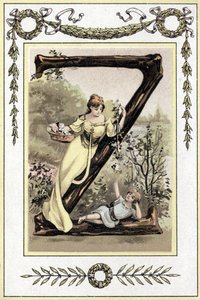 Brev föreställande en mor och hennes son, sent 1800-tal (kromolitografi) av French School