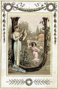 Brev som föreställer en mor som spelar lyra och hennes dotter som dansar med timpani, sent 1800-tal (kromolitografi) av French School