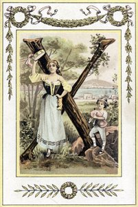 Brev som föreställer en mor med en pauk och hennes son i en herde med en säckpipa, sent 1800-tal (kromolitografi) av French School