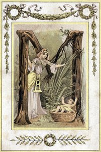 Brev som representerar en egyptisk mor som hittar ett övergivet barn (Moses sparar vatten), sent 1800-tal (kromolitografi) av French School