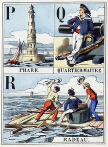 Bokstäverna P som fyr, bokstaven Q som Quartier Maitre, bokstaven R som flotte. Navy abecedary på 16 sidor innehållande ett alfabet med versaler. Epinal bild, sent 1800-tal. Stencilerade trägravyrer Mått: 21x14,5cm av French School