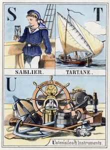 Bokstäverna S som timglas, bokstaven T som tartan, bokstaven U som redskap och instrument. Navy abecedary på 16 sidor innehållande ett alfabet med versaler. Epinal bild, sent 1800-tal. Stencilerade trägravyrer Mått: 21x14,5cm av French School