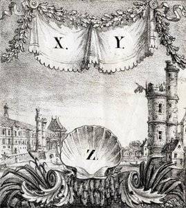 Bokstäverna X, Y och Z: Paris år 1500 - "Alphabet Picturesque des Monumens de Paris" ca 1840 (gravyr) av French School