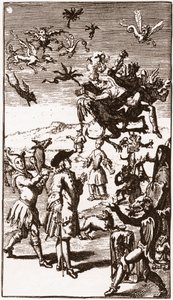 Demonernas frammaning, gravyr från 1710 i "Berättelsen om Monsieur Oufles extravaganta fantasi" av Laurent Bordelon (1653-1730) av French School