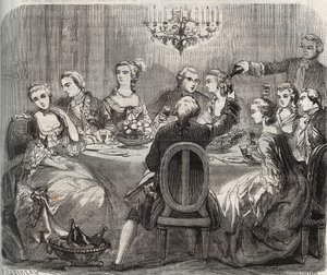 Libertinage: Christian VII (1749-1808), kung av Danmark och Norge, under en libertinsk fest som anordnades av dansaren Marie Madeleine Guimard (1743-1816) i hennes hus Pantin. Gravyr från 1871 i "Histoire Des Cocus Celebres" av Henry de Kock (1819-18) av French School