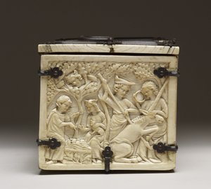 Lock på en kista föreställande "Kärlekens slott och riddarspel", ca 1330-50 av French School