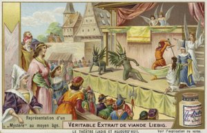 Liebig-kort med en representation av ett medeltida mysterium av French School