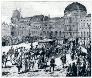 Livet under Ludvig XV: kungen anländer till Palais des Tuileries, där drottningen och delfinen väntar på honom - i "Paris genom århundradena" av Genouillac av French School