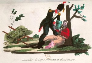 Linjegrenadier hjälper en skadad rysk soldat (färgad gravyr) av French School