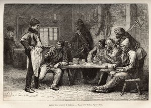 Interiören av ett woodcheron-läger i Ontario, gravyr efter en teckning av D. Maillard, illustrerande utflykten till Kanada och till Northern Red River, av H. De Lamotte, 1873, publicerad i "" Le world tour""" 1875 , redigerad av Edouard av French School