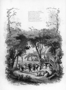 Lisette sång. Fest och dans i en by på landet. Gravyr i "" Chants et chansons populaire de la France", Tome 2 av French School