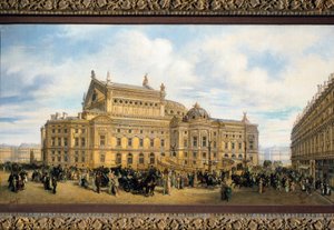 Parisoperan byggd av Charles Garnier, utsikt från Rue Auber (olja på duk) av French School