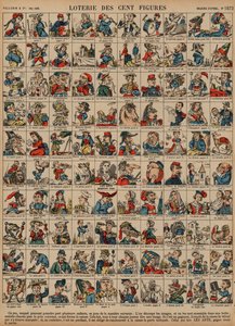 Lotteri med hundra figurer (färgad gravyr) av French School