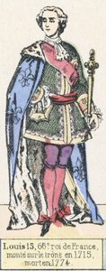 Ludvig 15, Frankrikes 66:e kung, besteg tronen 1715, dog 1774 (färgad gravyr) av French School