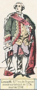 Ludvig 16, Frankrikes 67:e kung, besteg tronen 1774, dog 1792 (färgad gravyr) av French School