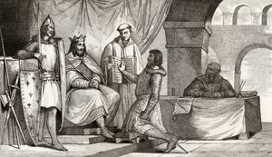Ludvig II (848-79), Stammerer, tar emot en trohetsed från en adelsman, ur "Histoire de France" av Colart, publicerad omkring 1840. av French School