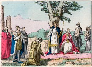 Louis IX, dit "Saint-Louis"" (1214-1270) ger rättvisa åt alla sina undersåtar i Bois de Vincennes - Saint Louis (1214-1270) ger rättvisa - Gravyr från slutet av 1800-talet i "Nos Gires Nationales - Bilder och reciter"" av French School