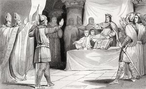 Ludvig I (778-840) den fromme vid hovet, ur "Histoire de France" av Colart, publicerad omkring 1840. av French School