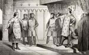 Lejonet Ludvig VIII (1187-1226) tar emot ett sändebud från sin fiende Henrik III (1207-72) av England, ur "Histoire de France" av Colart, publicerad omkring 1840. av French School