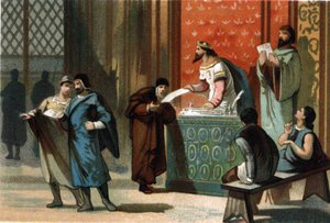 Louis VI dit Le Gros (1081-1137) gav kommunernas portobrev. Kromolitografi omkring 1890. av French School
