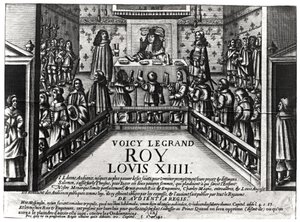 Ludvig XIV (1638-1715) utövar rättvisa (xylograf) (bw-foto) av French School