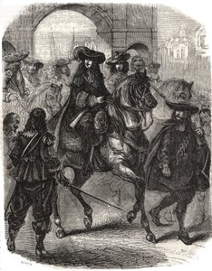 Ludvig XIV (1638-1715) och hans hustru Marie Therese (Marie-Therese) av Österrike (1638-1683) reste in i Paris 1660. Gravyr i "" Histoire de France"" av L.-P. Anguetil av French School
