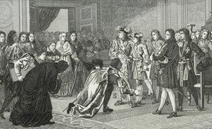 Solkungen Ludvig XIV (1638-1715) presenterar sitt barnbarn Philippe V (1683-1746) för de spanska sändebuden, från 
